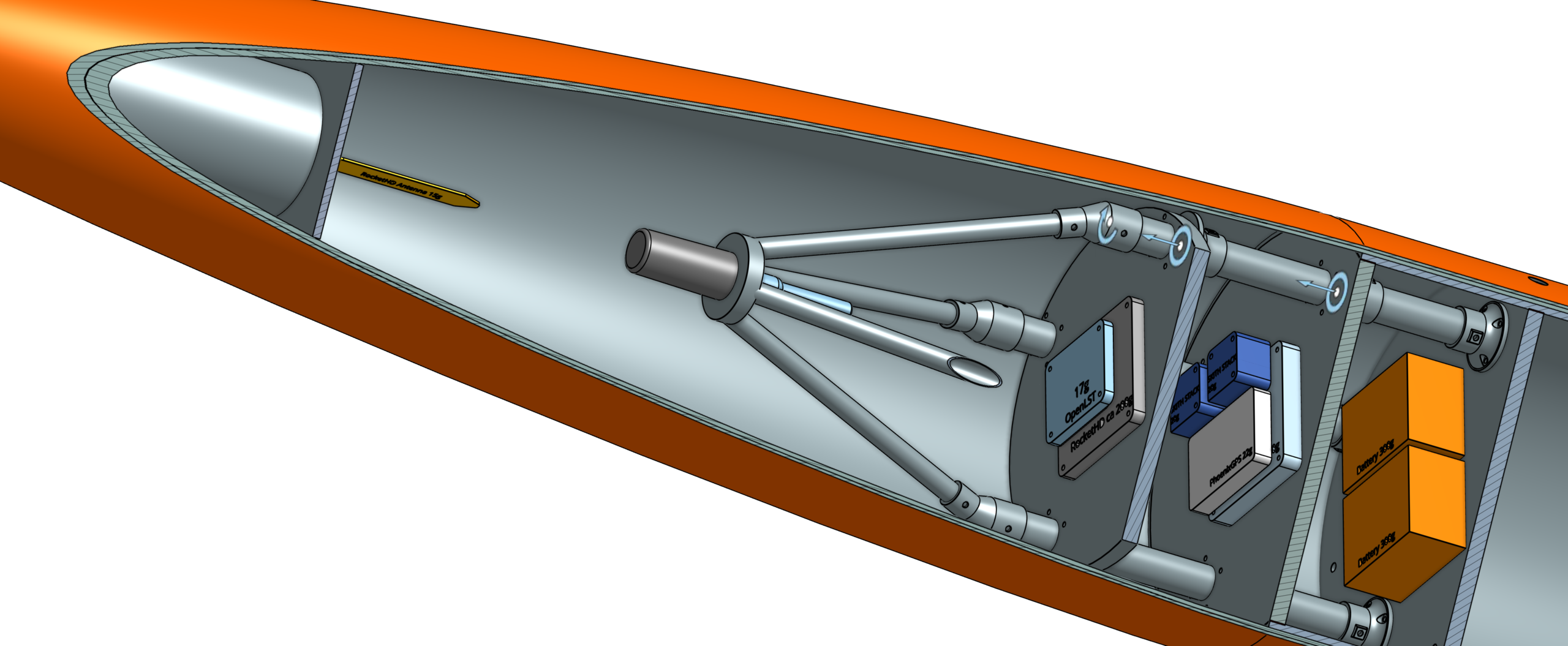 CAD render of the S²OUTH avionics stack mounted inside the rocket's nose cone