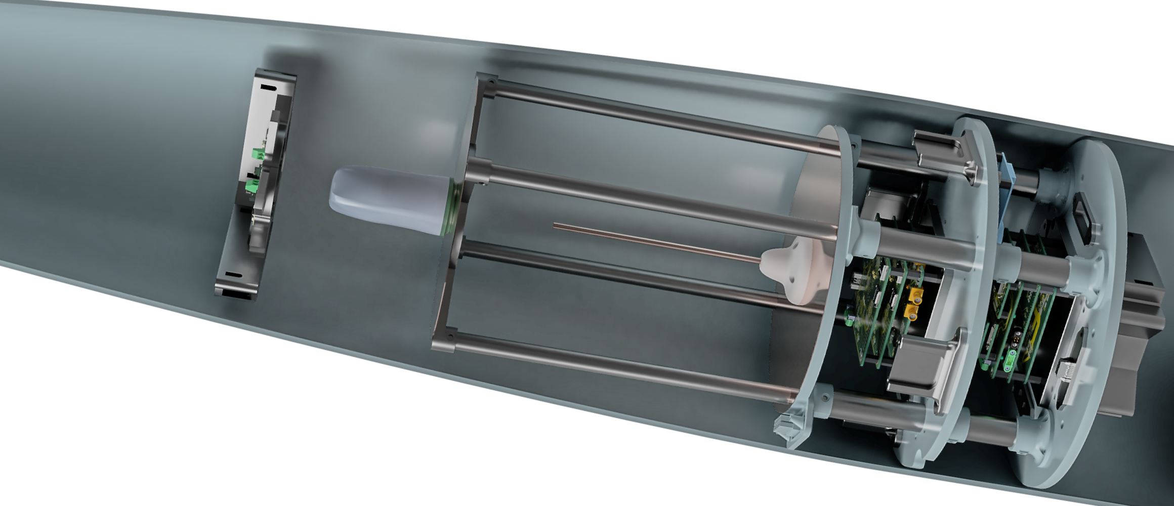 CAD render of the S²OUTH avionics stack mounted inside the rocket's nose cone
