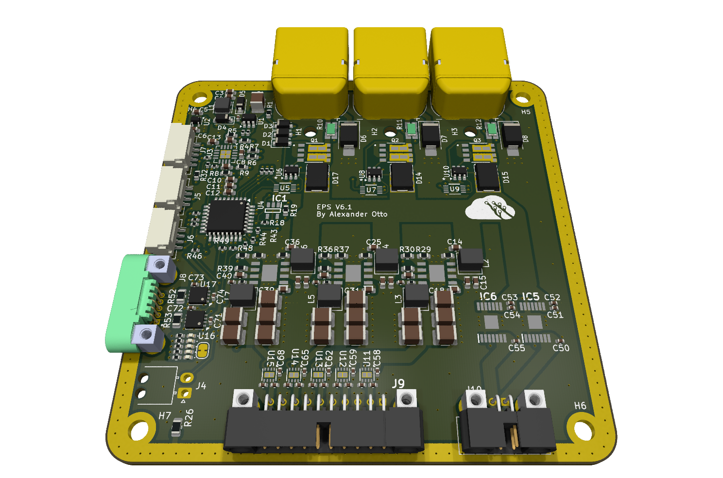 3D render of the EPS power supply board that distributes power across isolated rails
