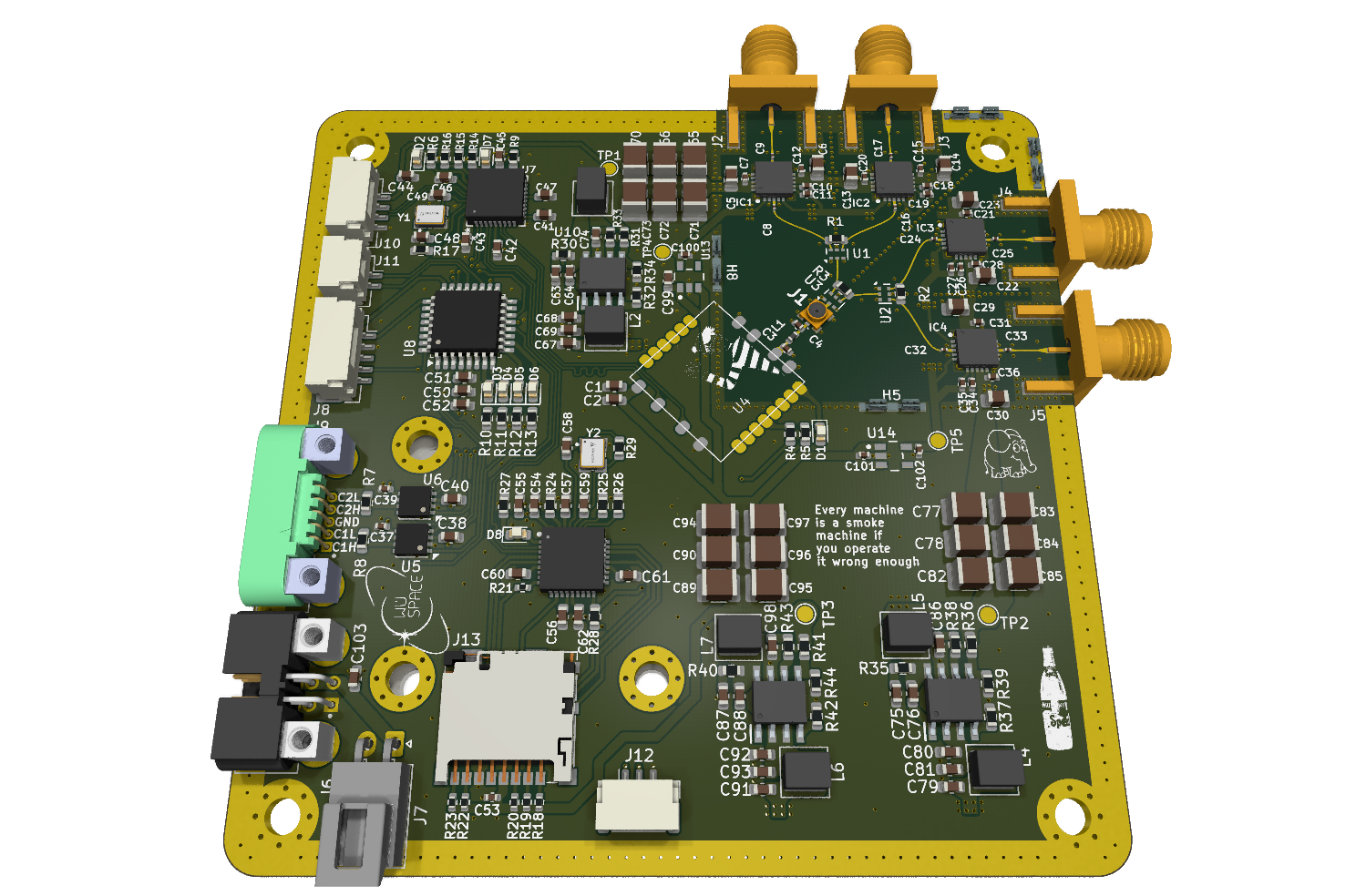 3D render of the RocketHD board with its RF connectors for the high-bandwidth video downlink