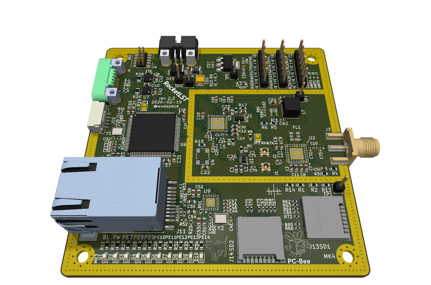 PCB layout of the RocketLST 437 MHz telemetry downlink board, measuring 80 by 80 millimetres